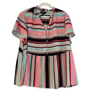 Lane Bryant Women’s Multi-color Short Sleeve Split Neck Stripped Blouse 24